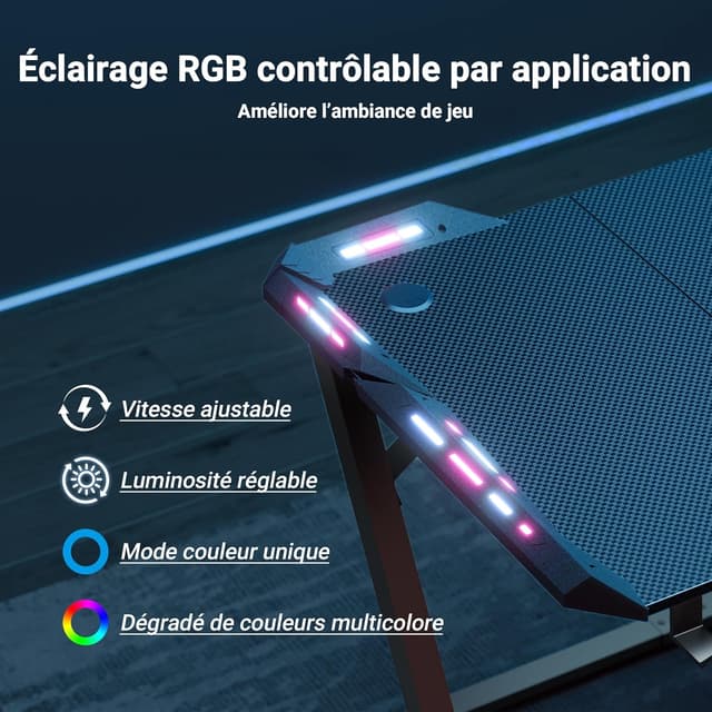 Detalle de Bureau gaming Claiks avec RGB LED, 140x60 cm (plateau fibre de carbone) et accessoires