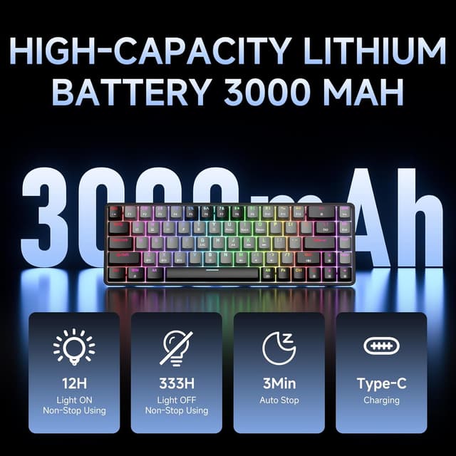 Detalle 2 de Dierya DK68 Tastiera Gaming Wireless 60% (Bluetooth/2.4G, USB-C, RGB) con switch Blu