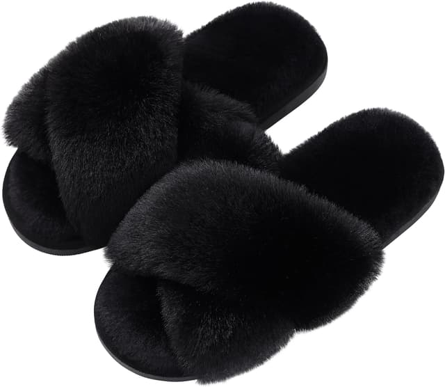 Detalle de Evshine Women’s Fuzzy Slippers with Cross Band & Memory Foam (Open Toe)