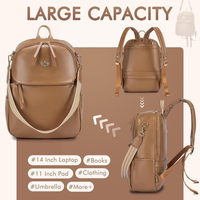 Detalle de BAGZY Handgepäck-Rucksack 40×30×10 cm mit 14-Zoll-Laptopfach – 2-in-1 Damenrucksack/Handtasche, braun, wasserabweisend