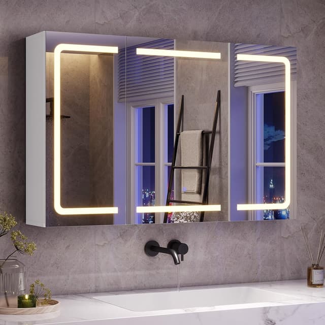 Detalle de Mojiasion Specchio Bagno con Contenitore LED, Presa Elettrica e 3 Ante 90x16x60 cm bianco