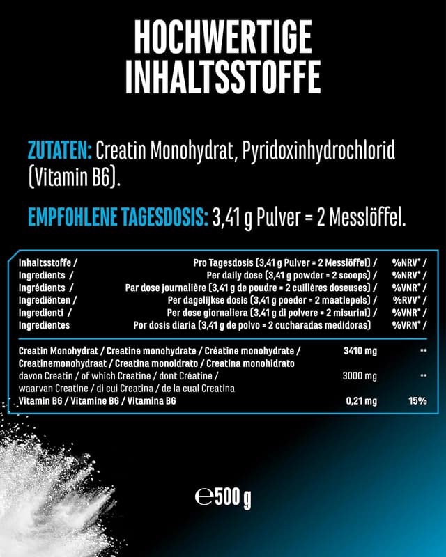 Detalle 1 de Créatine monohydrate en poudre microfine 500 g (vegan, sans additifs) – 147 portions