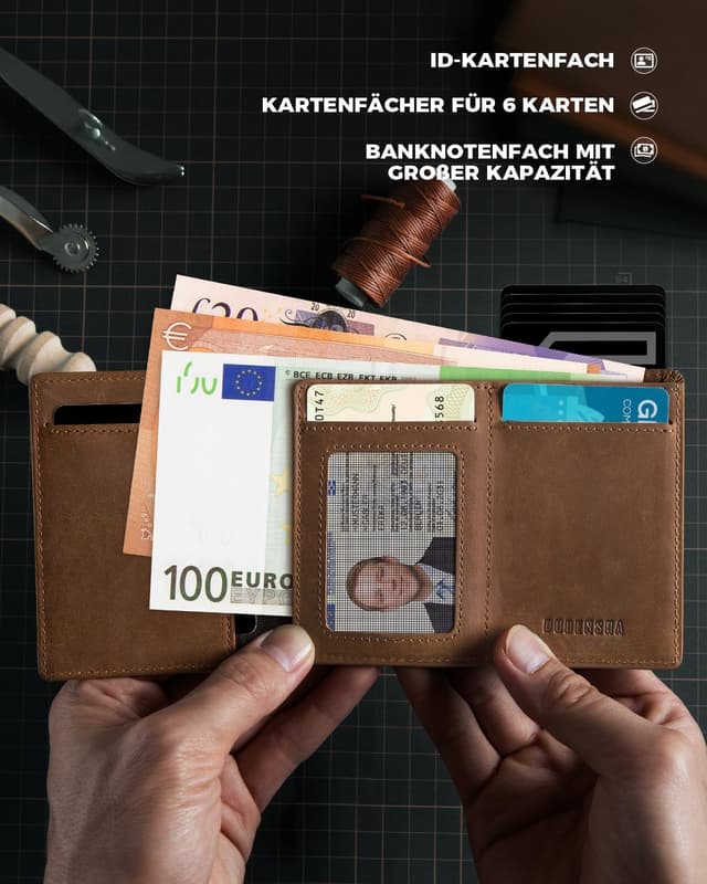 Detalle de DODENSHA MagSnap Portmonee Herren Slim-Wallet mit Münzfach, RFID-Schutz und Magnetverschluss (Vintage Braun) – für 10+ Karten