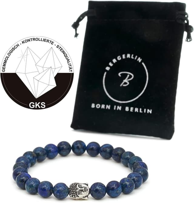 Detalle de BERGERLIN Buddha Armband mit echtem Naturstein (lapislazuli) – Naturstein geprüft in Deutschland