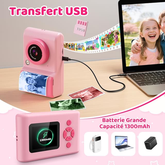 Thumbnail 6 de CHAKEYAKE Appareil photo instantané enfant 20MP, écran 2,4 pouces et impression couleur (rose)