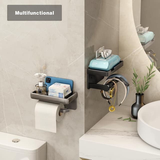 Detalle de VOLDRA Toilettenpapierhalter ohne Bohren mit Ablage – selbstklebend oder schraubbar, matt schwarz