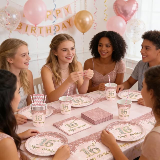 Detalle de YRsorn 16. Geburtstag Mädchen Partygeschirr „Sweet 16“ für 16 Gäste