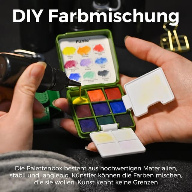 Detalle de Funto Faltbares Taschen-Wasserfarben-Set mit 2 Paletten und Lederhülle (9 Farben) – Reise-Skizzenkit