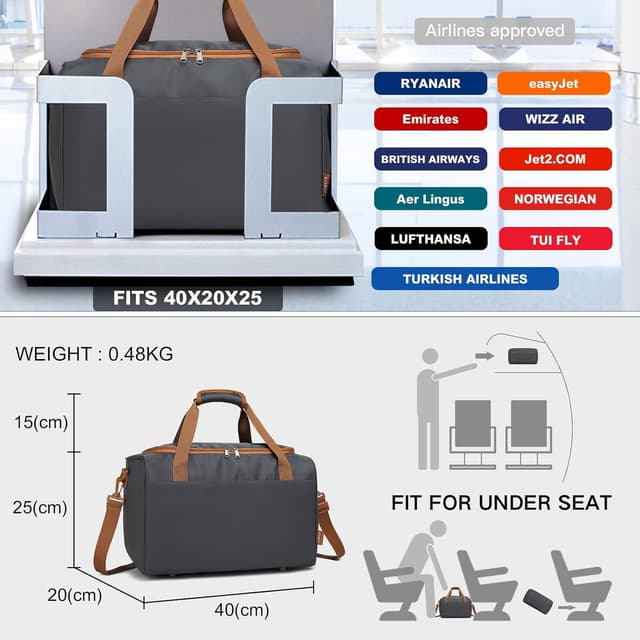 Detalle de Kono Ryanair 40x20x25 Under The Seat Holdall Cabin Hand Luggage Travel Bag, 20L (Grey/Brown)