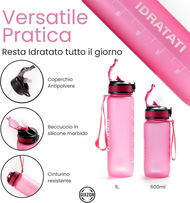 Detalle 2 de GIXZON borraccia motivazionale 600 ml in Tritan senza BPA, con frasi e scala oraria in italiano (rosa)