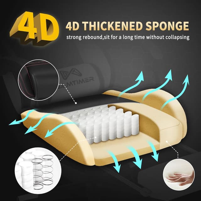 Detalle de Gamtimer Gaming Chair (400 lbs) with Footrest, Lumbar Support, and High-Back Recline (Black)