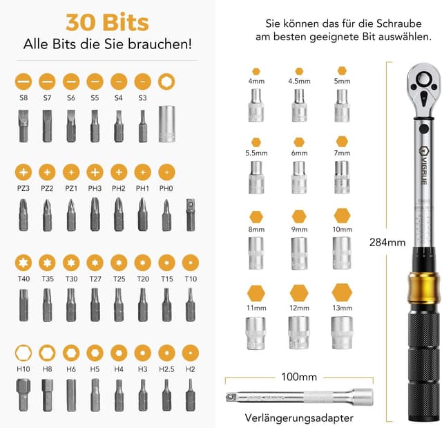 Detalle 2 de VIGRUE Drehmomentschlüssel Fahrrad 5–25 Nm (1/4 Zoll) – Drehmoment-Set inkl. Ratsche, Verlängerung, Gelenk und Bits
