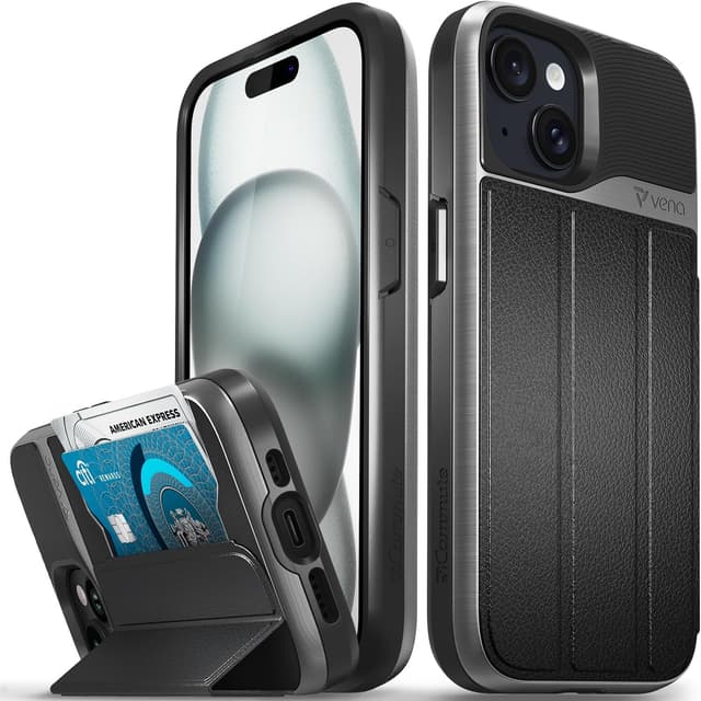 Detalle de VENA vCommute for iPhone 15 Wallet Case (6.1-inch) with Kickstand, Military-Grade Drop Protection, Black