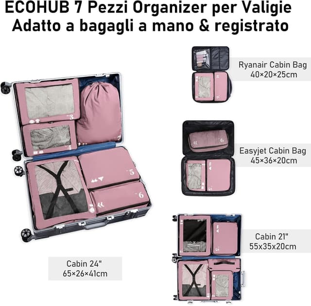 Detalle de ECOHUB Organizer Valigie 7 Pezzi Set Packing Cubes in PET ecologico (rosa)