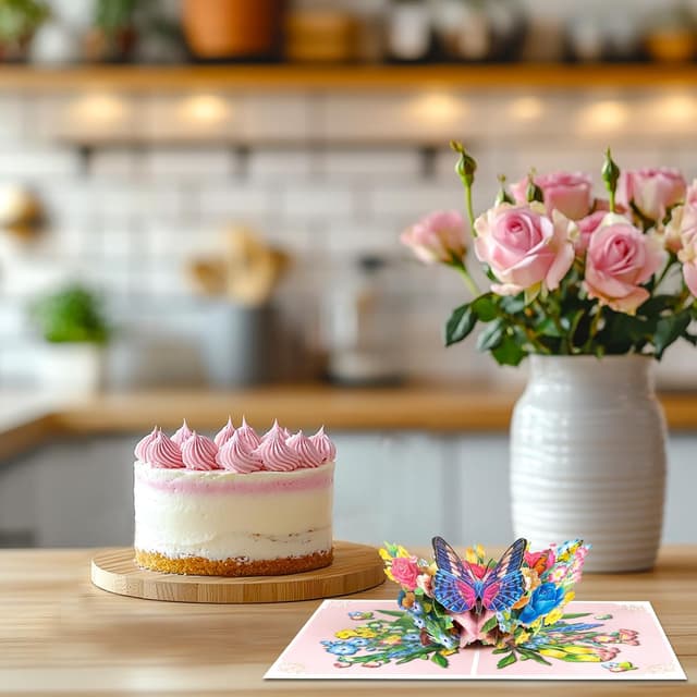 Detalle 2 de DLYMXGC Butterfly and Pink Gold Roses Bush Pop Up Card – 3D paper flower bouquet greeting card