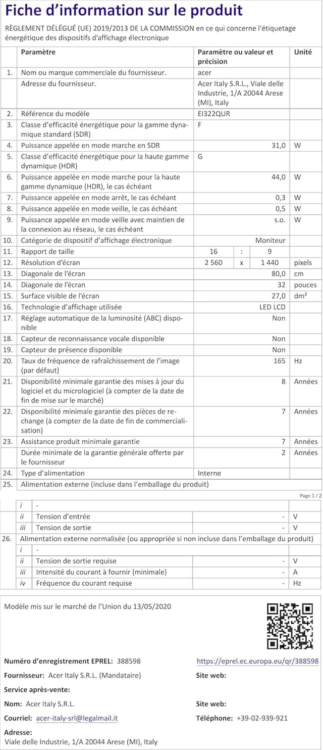 Detalle de Acer Nitro EI322QURP — Écran PC gaming incurvé 31,5" WQHD 165 Hz FreeSync Premium Pro