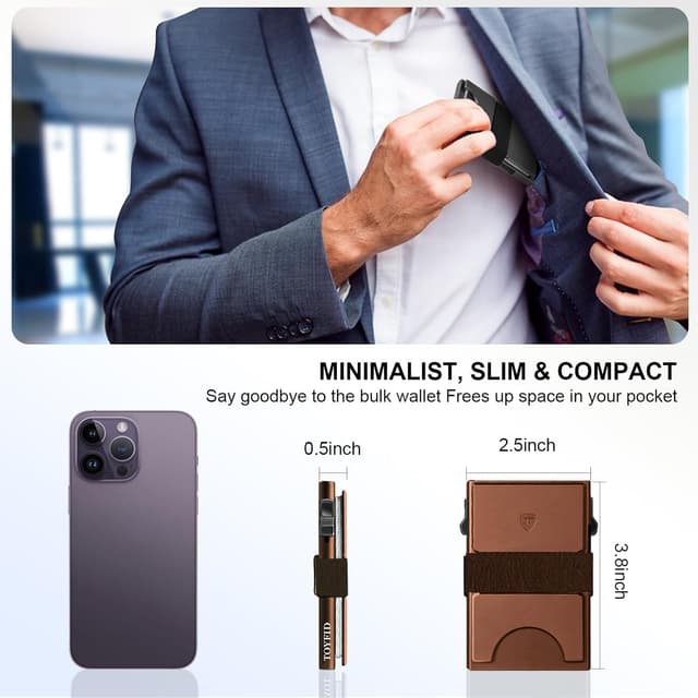 Detalle 2 de TOYFID Herren Geldbörse mit AirTag-Steckplatz, 12 Karten & RFID-Blocker, Pop-up Kartenhalter mit Auswurftaste (Aluminium, Braun)