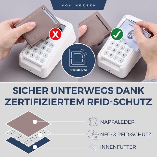 Detalle de VON HEESEN Slim Wallet mit XXL Münzfach & RFID-Schutz – Taupe, Leder-Geldbeutel im Kartenformat