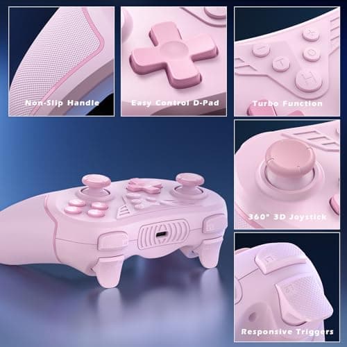 Thumbnail 7 de LATEC Mando inalámbrico para Switch/Switch 2 (Switch Lite y Switch OLED) con Hall, giroscopio 6 ejes y turbo, rosa