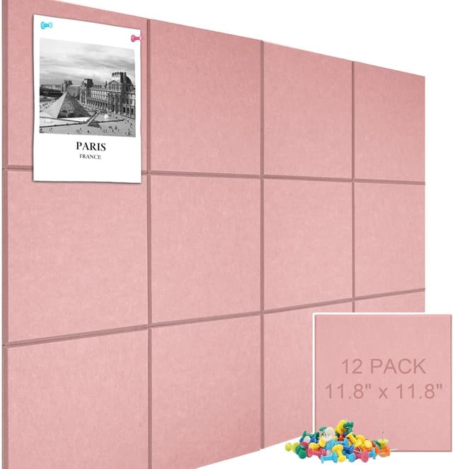 Detalle de Pink felt wall pin board tiles set – 120 x 90 cm alternative cork board (12 pack, 30 pushpins)