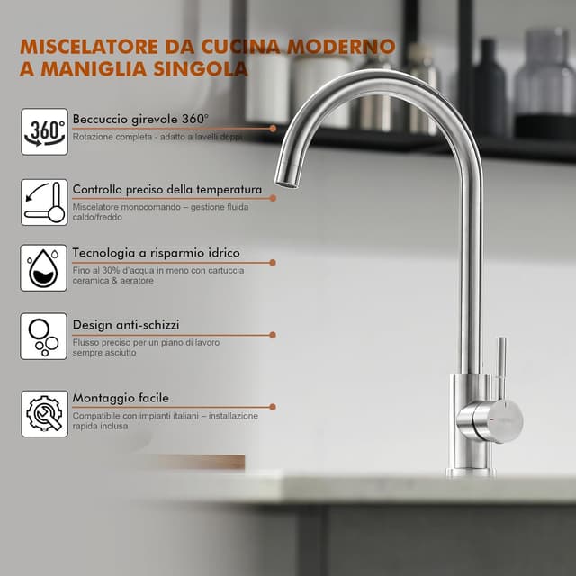 Detalle de GRIFEMA G4008 rubinetto da cucina in acciaio inox con bocca alta e beccuccio girevole 360°