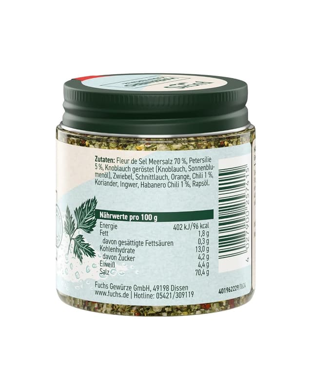 Detalle de Fuchs Gewürze Habanero Kräutersalz im wiederverschließbaren Gewürzglas (60 g) – Würzsalz für Pizza & Pasta