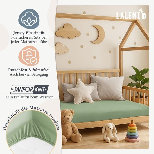 Detalle de Laleni Jersey Spannbettlaken 55x90 cm für Baby-Beistellbett & Stubenwagen (100 % Baumwolle, Oeko-TEX), Grün