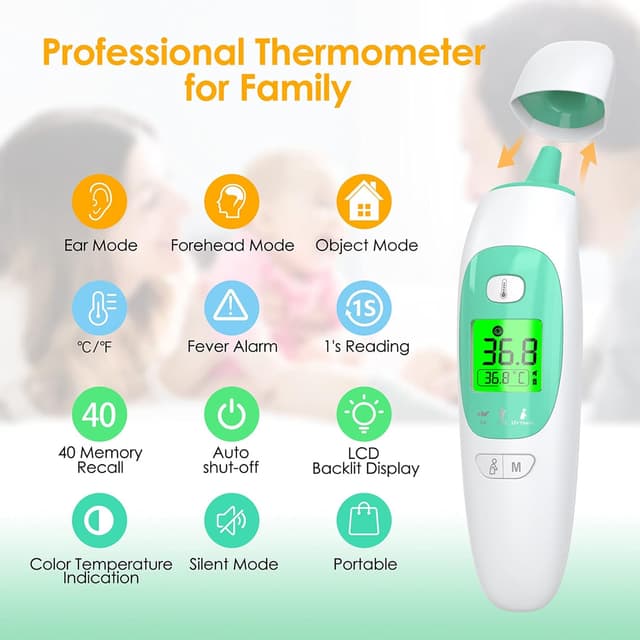 Detalle de KKmier Non Contact Digital Forehead & Ear Thermometer (CE certificated) with 3-colour fever alarm