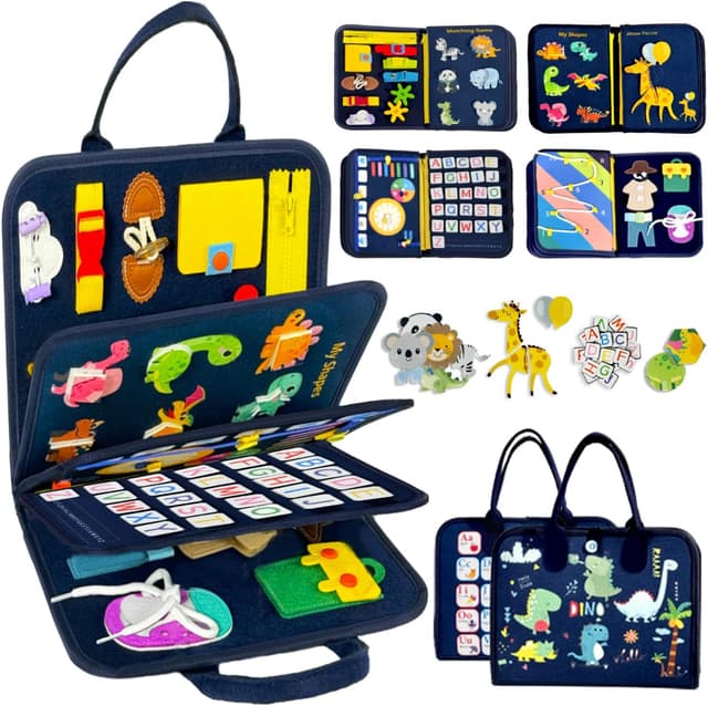 Detalle de Qizfun Toddler Busy Board Montessori Toys (Dinosaur, 8-Page Sensory Busy Book) for Car & Airplane Travel