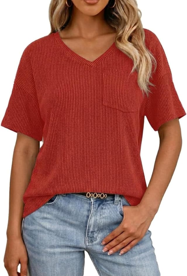 Thumbnail 6 de GLEENOD Damen Kurzarm‑T‑Shirt mit V‑Ausschnitt und Tasche – Oversize Sommeroberteil für Alltag & Büro