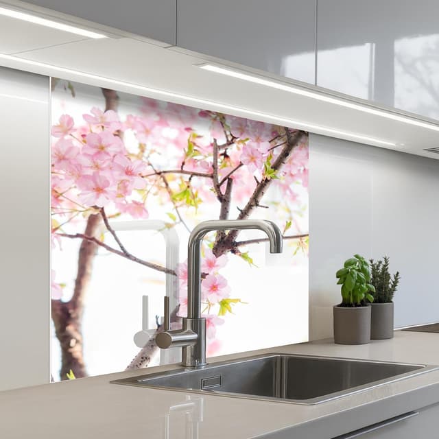 Detalle de KitchenYeah© Spritzschutz Küche 80x80 cm – selbstklebende Küchenrückwand mit Glasoptik-Design (Kirschblüte, rosa)