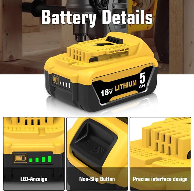 Detalle de 2x 18V 5Ah Li-ion replacement batteries with LED indicator for Dewalt (DCB184/DCB182/DCB181/DCB180 and more)