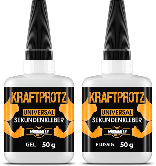 Detalle de KRAFTPROTZ Sekundenkleber-Set (2× 50 g) flüssig & gel – extra stark, wasserfest & hitzebeständig, anti-austrocknend