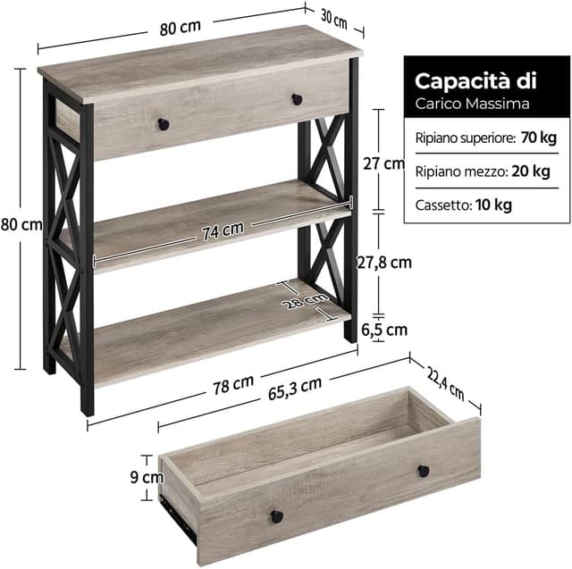 Detalle de Yaheetech Tavolo Consolle Vintage Mobile in MDF e Ferro con Ripiani e Cassetti, grigio (30 x 80 x 80 cm)