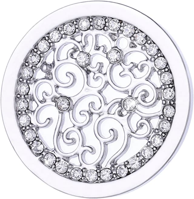 Detalle de Collana da donna Morella in acciaio inox con moneta amuleto e ciondolo rotondo (33 mm) con sacchetto di velluto