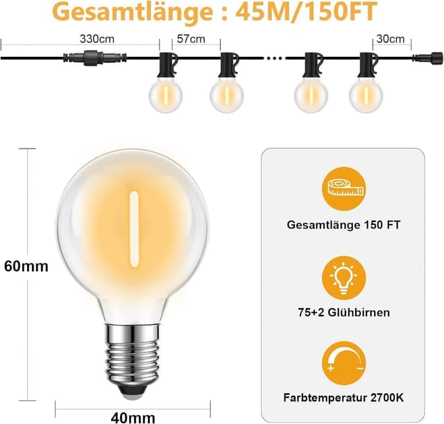 Detalle 2 de Miootly Catena Luminosa da Esterno 45 m con lampadine LED G40, 2700K (75+2) bianco caldo