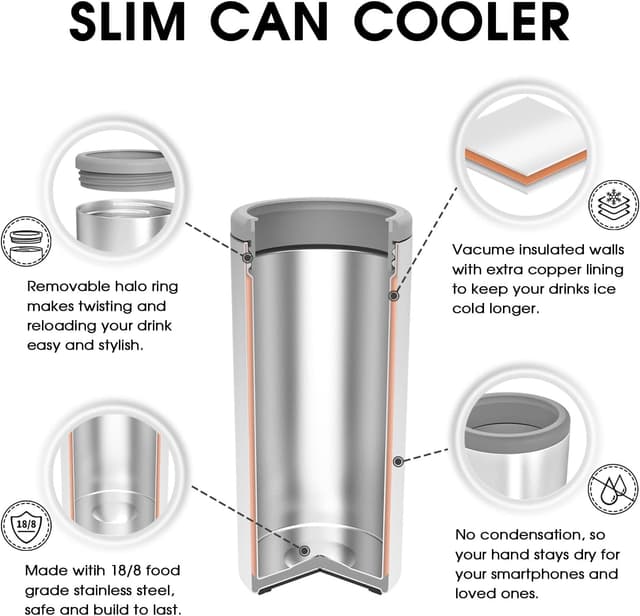 Detalle de TILUCK Skinny Can Cooler for Slim Beer & Hard Seltzer (Double-Walled Stainless Steel) for 12 oz Slim Cans