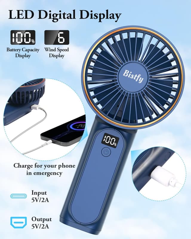 Detalle de Bistfy Ventilatore portatile ricaricabile 5200mAh con LCD, 6 velocità e USB-C
