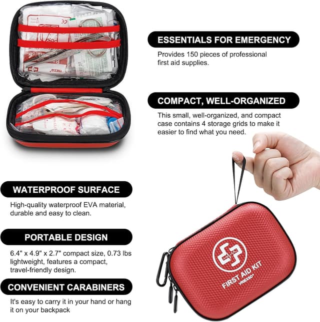 Detalle de Mini First Aid Kit (150-Piece) Waterproof Hard Case Essentials for Home, Car, Travel, Camping & More