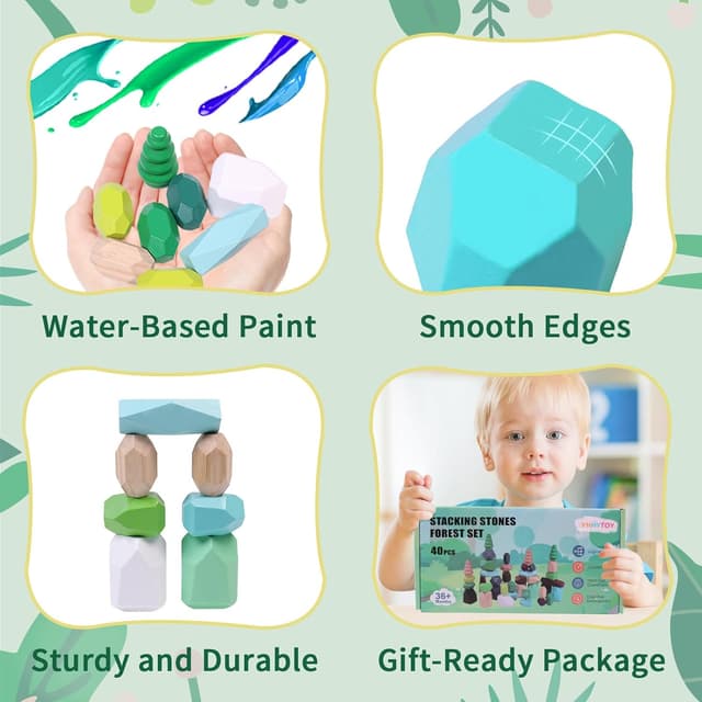 Detalle de YHHYTOY 40-Piece Wooden Stacking Rocks Building Blocks (Forest Theme) for Montessori Learning