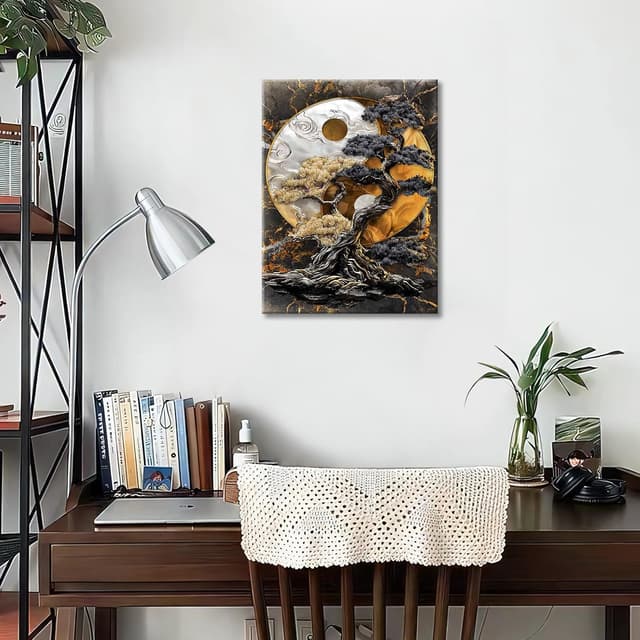 Detalle 2 de HALFLEMART Yin-Yang-Baum Leinwandbilder mit Rahmen 30x40 cm – Schwarz/Braun/Silber, zum Aufhängen