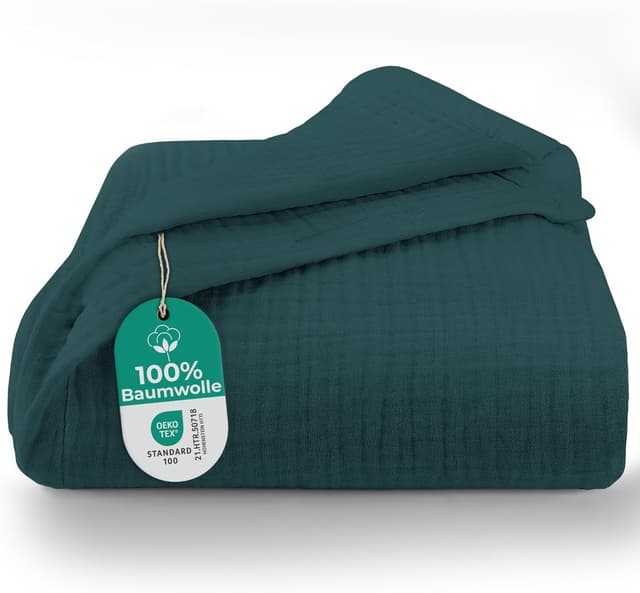 Detalle de Dreamzie Musselin Tagesdecke 150x200 cm (Baumwolle, Oeko-Tex zertifiziert) – Petrolgrün