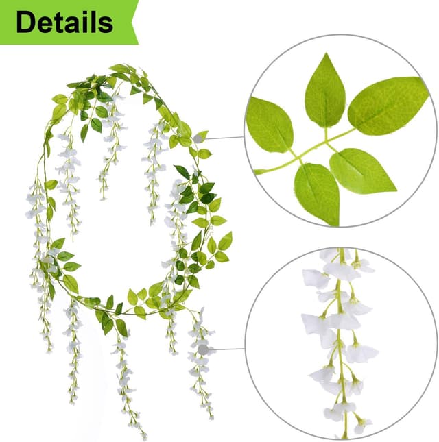 Detalle de Lvydec Wisteria Artificial Flowers Garland (4 Pack) — White Silk-Style Hanging Vine Decor for Weddings & Outdoor Ceremonies
