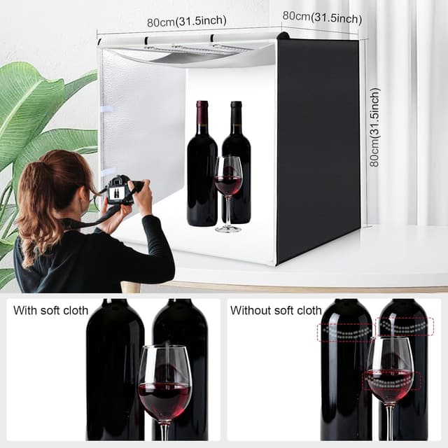 Detalle de PULUZ Fotostudio-Lichtzelt 80x80 cm (32 Zoll) mit 3 dimmbaren LED-Lichtleisten, 4 Hintergründen und Transporttasche