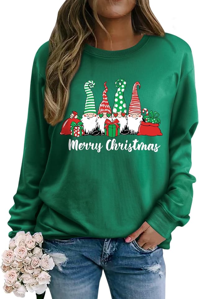 Detalle de Yihelian Damen-Weihnachtssweatshirt mit 3 Wichtel-Print – Rundhalsausschnitt