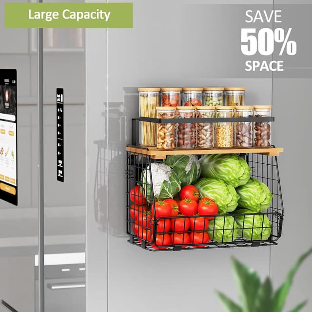 Detalle de GGIU Magnetic Shelf for Fridge with Wood Lid (2-Pack) – Fruit, Potato & Onion Storage Bin