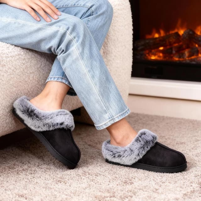 Detalle 2 de VeraCosy Women’s Classic Suede Memory Foam Slippers with Faux Fur Collar