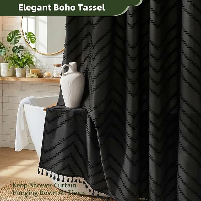 Detalle de Siiluminisoy Black Boho Fabric Shower Curtain (72 x 72) with Tufted Chevron Design
