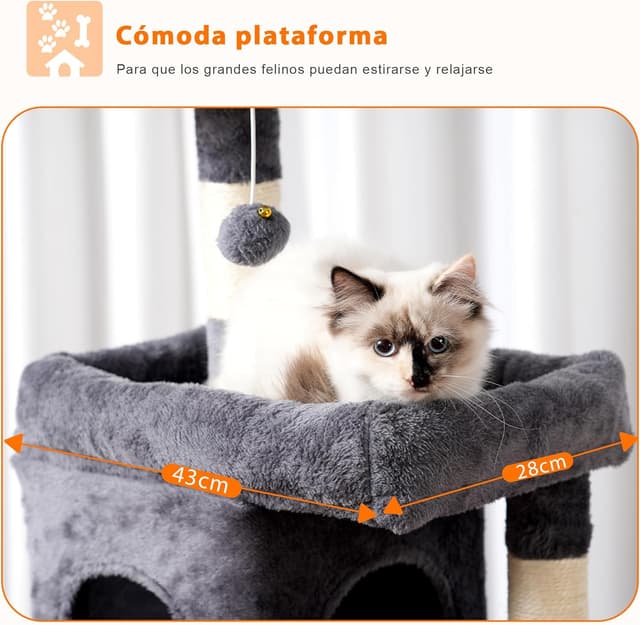 Detalle de Heybly Arbre à chat HCT016G : tour de grimpe multi-étagé de 145 cm avec plateformes et panier