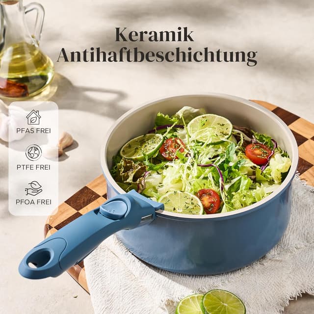 Detalle 2 de Redchef Topf-Set mit abnehmbaren Griffen (16/18/20 cm) & 3-in-1 Verschlussdeckel, Antihaft-Keramik, blau